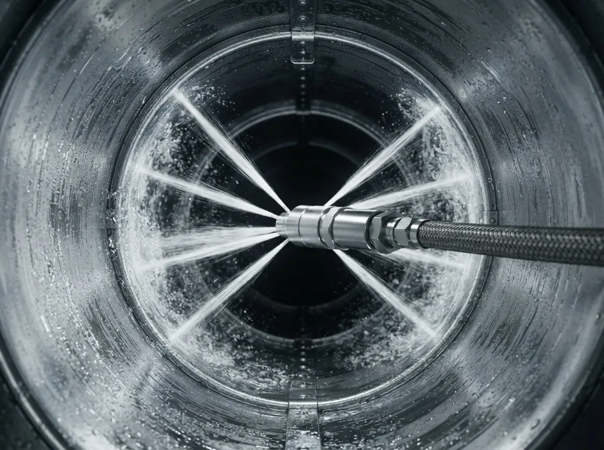 Rotating water jets cleaning the inside wall of a pipe
